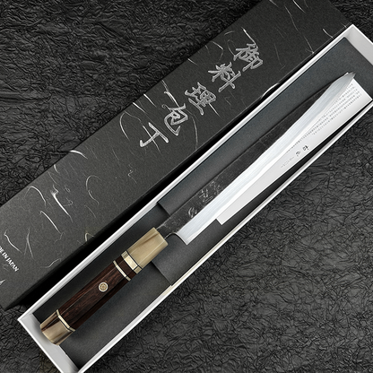 Japanese yanagiba/sashimi knife 270mm HATSUKOKORO  Kurouchi  Aogami2 Blue Steel No.2 polished by Naohito Myojin Single edged (for Right-handed persons)