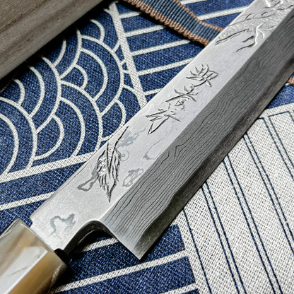 300mm Japanese Sakai  Takaiyuki Tenryu Yanagiba(Sashimi) knife 300mm  Damascus (Aogami 2 steel) Japanese Chef's Yanagiba(Sashimi) Dragon Engraved with Red Ebony Handle & Saya Sheath (Dragon No.2 Engraved)