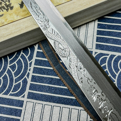 300mm Japanese Sakai  Takaiyuki Tenryu Yanagiba(Sashimi) knife 300mm  Damascus (Aogami 2 steel) Japanese Chef's Yanagiba(Sashimi) Dragon Engraved with Red Ebony Handle & Saya Sheath (Dragon No.2 Engraved)