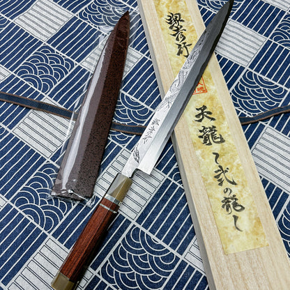 300mm Japanese Sakai  Takaiyuki Tenryu Yanagiba(Sashimi) knife 300mm  Damascus (Aogami 2 steel) Japanese Chef's Yanagiba(Sashimi) Dragon Engraved with Red Ebony Handle & Saya Sheath (Dragon No.2 Engraved)