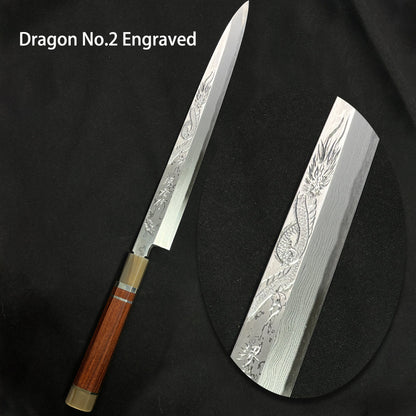 300mm Japanese Sakai  Takaiyuki Tenryu Yanagiba(Sashimi) knife 300mm  Damascus (Aogami 2 steel) Japanese Chef's Yanagiba(Sashimi) Dragon Engraved with Red Ebony Handle & Saya Sheath (Dragon No.2 Engraved)