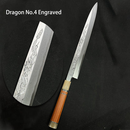 300mm Japanese Sakai  Takaiyuki Tenryu Yanagiba(Sashimi) knife 300mm  Damascus (Aogami 2 steel) Japanese Chef's Yanagiba(Sashimi) Dragon Engraved with Red Ebony Handle & Saya Sheath (Dragon No.2 Engraved)